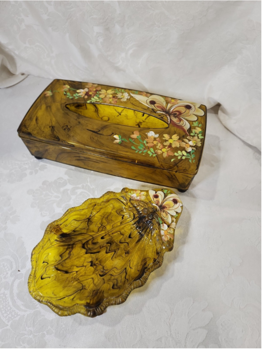 MCM 1950's Trinket Dish & Tissue Box Sally Gould Bits O' Glamour Butterflies,EUC
